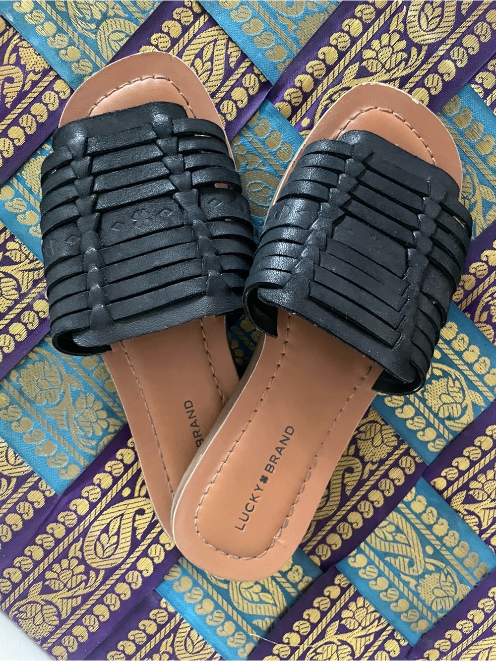 Lucky Brand Black Woven Slide Sandals with Tan Footbed